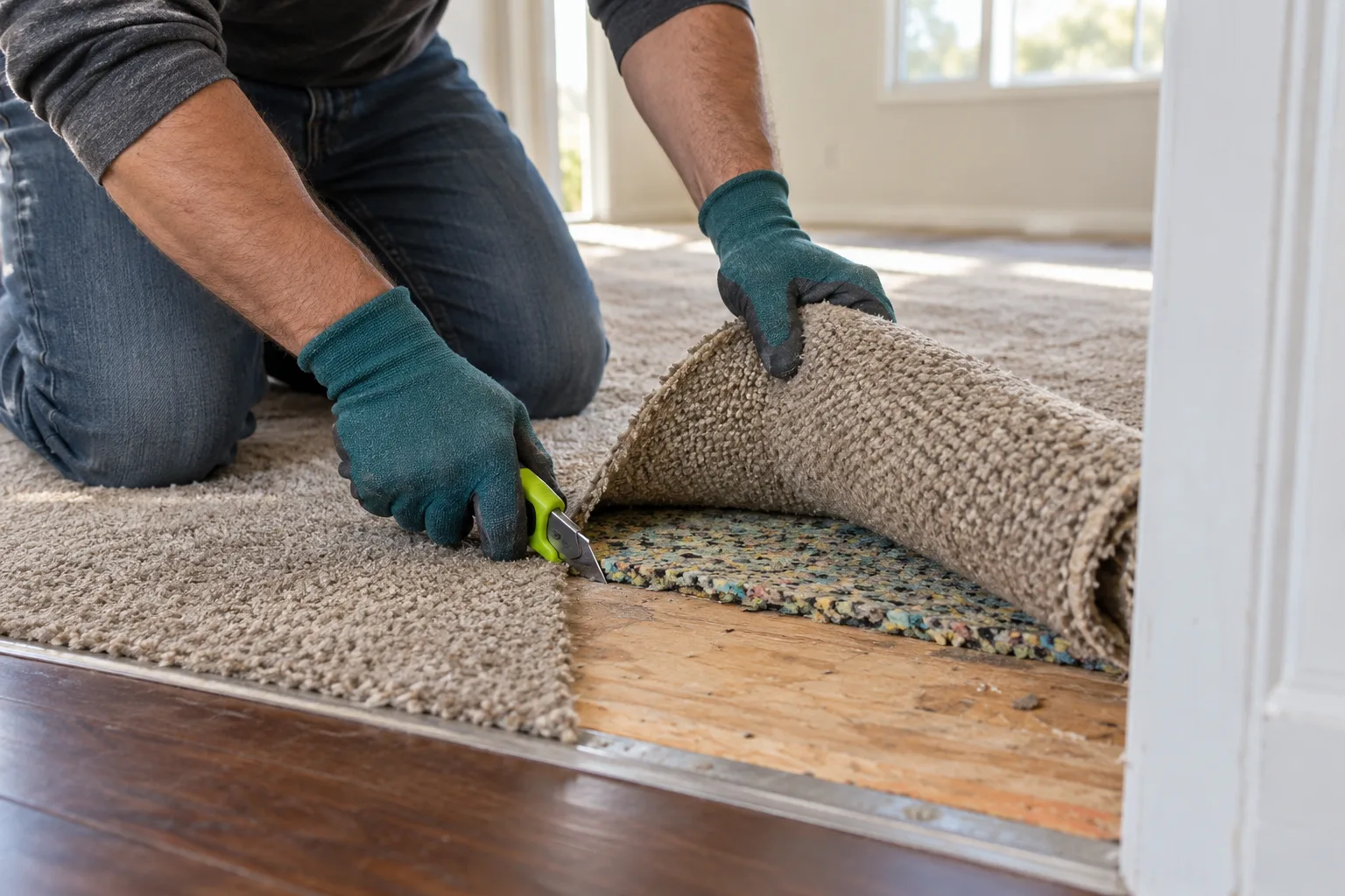 Gloved hands cutting and rolling carpet at a doorway threshold
