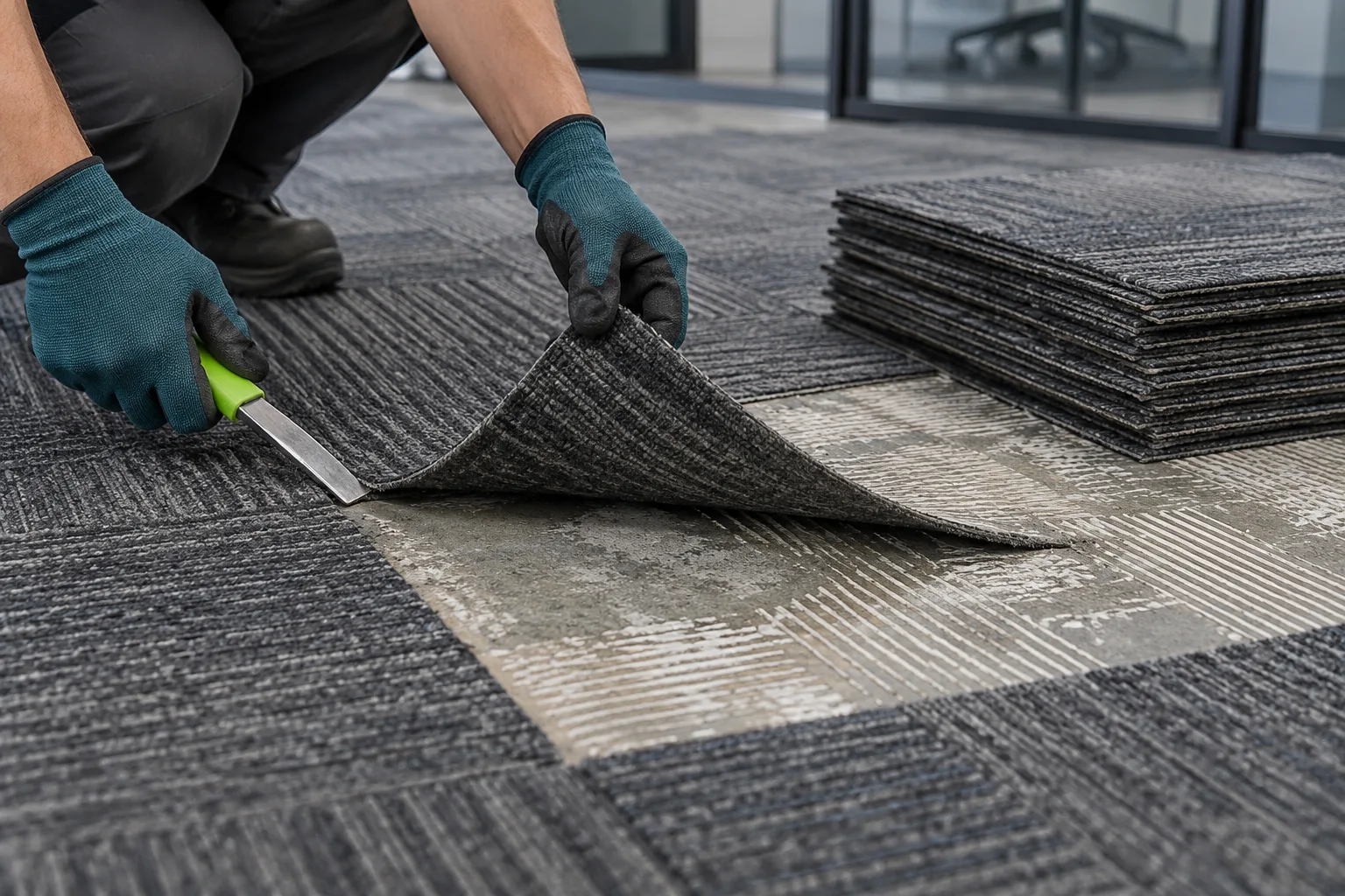 Detail from commercial carpet-tile removal work
